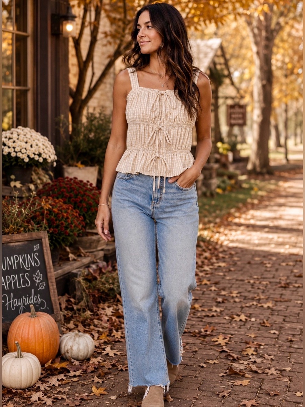 Tan and Cream Gingham Tank Top